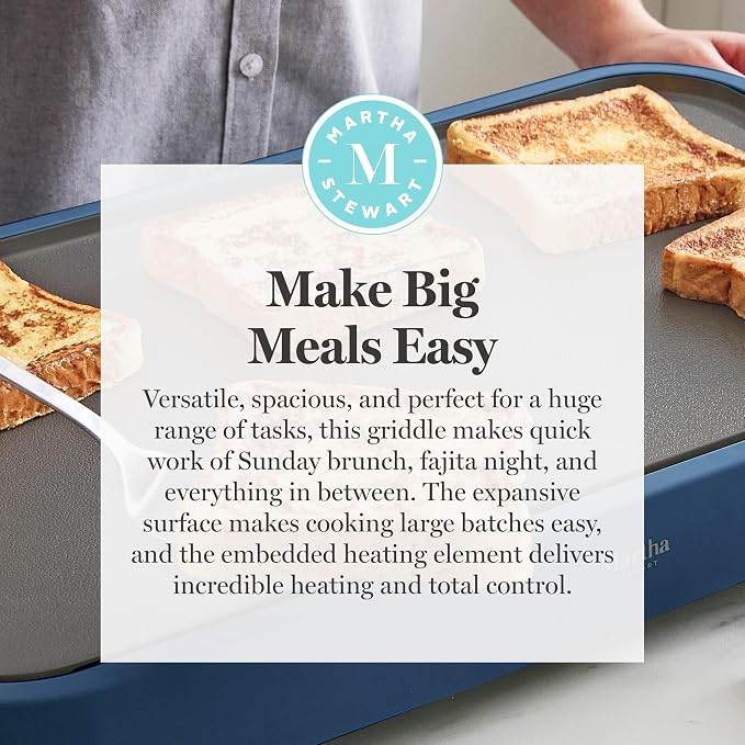 Martha Stewart 12"x 22" XL Electric Griddle, Ceramic Nonstick Flat Top | PFAS-Free Nonstick Grill, XL Cooking Surface for Pancakes & Eggs, Adjustable Temp Dial, Drip Tray, 1500W Heating, Indigo Blue