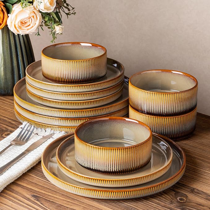 Ceramic Dinnerware Set for 4, 12-Piece Plates and Bowls Set | Lightweight Porcelain Dish Set, Scratch Resistant, Oven & Microwave & Dishwasher Safe, Creamy Amber