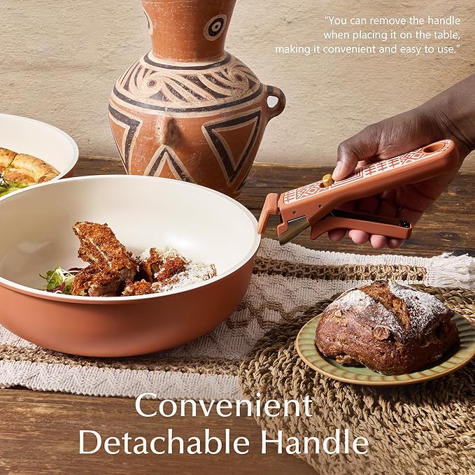CAROTE 21pcs Ceramic Cookware Set, Pots and Pans Set with Detachable Handle | Non-Stick, Non-Toxic, PFAS&PFOA Free, Induction Compatible, Dishwasher & Oven Safe, Space Saving, Camping Cooking, Terracotta