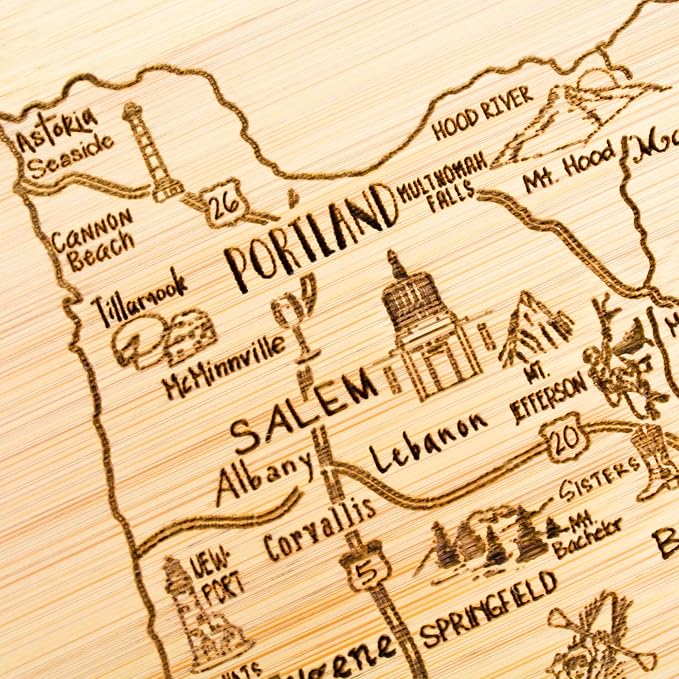 Totally Bamboo A Slice of Life Oregon Engraved Map Cutting Board | 11” x 8.75” charcuterie board with engraved state map artwork. Smooth reverse side for food prep. Hang tie for wall display.