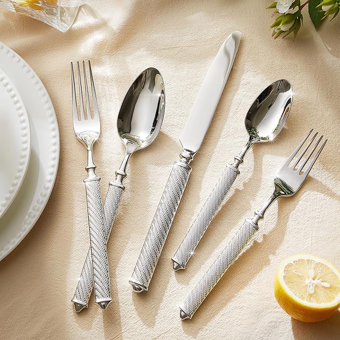 Silverware Set, 5 Piece Flatware Set, 18/10 Stainless Steel | Retro Rope Handles, Hot Forged, Mirror Polished, Dishwasher Safe, Rust Resistant, for Home, Weddings & Housewarming