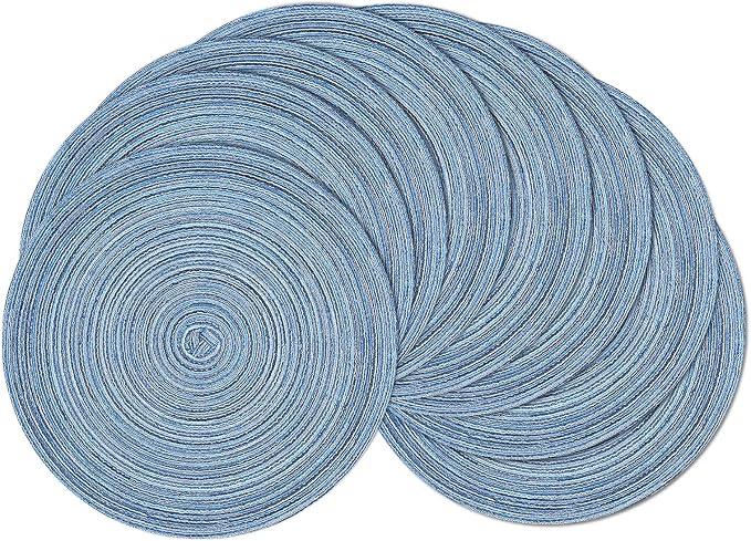 SHACOS Round Braided Placemats Set of 8 Circle Place Mats Cotton Polyester Kitchen Table Mats for Dining Table Wedding Party Decor (Blue Gray, 8)