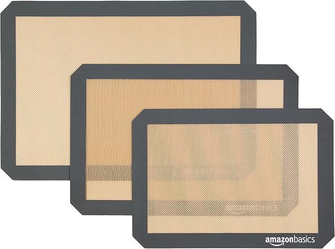 Amazon Basics Rectangular Non-Stick Silicone Baking Mat, Food Safe, Heat Resistant, 9"x13", 9.9"x14.8", and 16.5"x11.6", Beige/Gray, Pack of 3