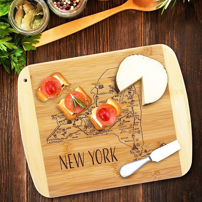 Totally Bamboo A Slice of Life New York Engraved Map Cutting Board | 11” x 8.75” charcuterie board with engraved state map artwork. Smooth reverse side for food prep. Hang tie for wall display.