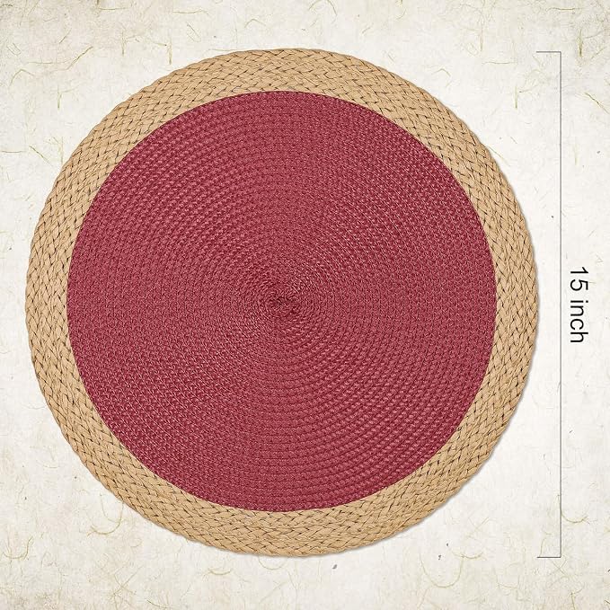 Round Placemats Set of 4, Woven Table Mats, Wide Edge, Berry Red | Braided Paper Edge, 15 Inch Diameter, Fits Dinner Plate and Flatware, Wipeable, Heat Resistant, Indoor Dining, Outdoor Patio