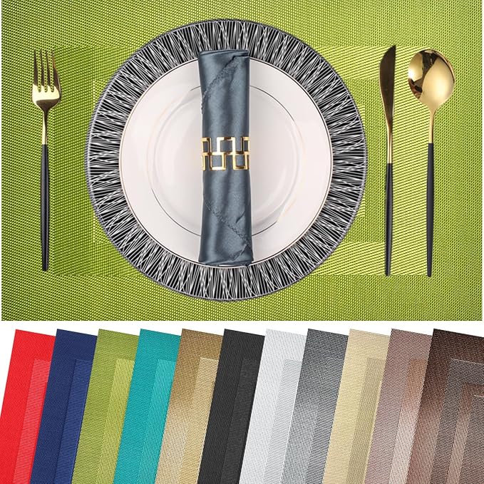 PIGCHCY Placemats Set of 12 Washable Durable Place Mats Vinyl Heat Resistant Non-Slip Table Mats Indoor Outdoor (18 x 12 inches, Lime Green)