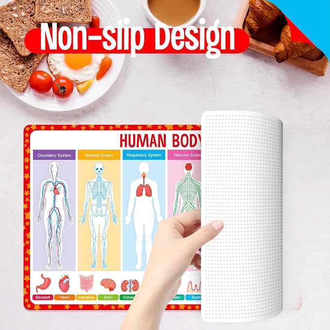 6 Pack Placemats for Kids, Non-Slip Washable, Reusable Universe, Periodic Table, US President, Human Body, Map of USA & World Educational Placemats for Home, Kindergarten, Classroom, Nursery