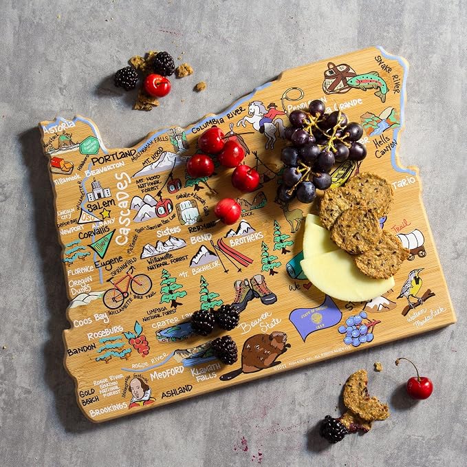 Totally Bamboo Oregon State Shaped Cutting Board, Art by Fish Kiss | State charcuterie board with colorful hand-drawn map artwork. Smooth reverse side for food prep. Hang tie for wall display.