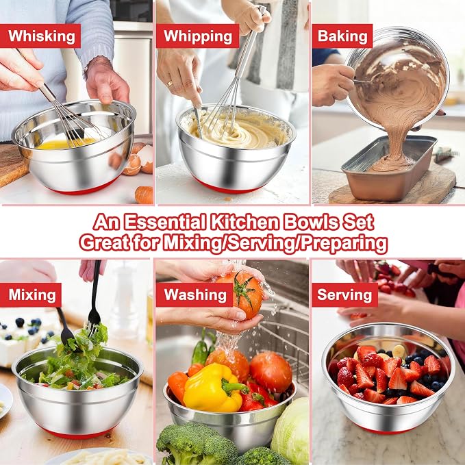 TeamFar Mixing Bowls, Stainless Steel Salad Bowls with Lids - Red | Nesting Bowls with Non-slip Bottom, for Kitchen Baking Preparing Serving, Stackable & 6PCS - 4.6 /2.6 /2 / 1.5 /1 / 0.7 Qt