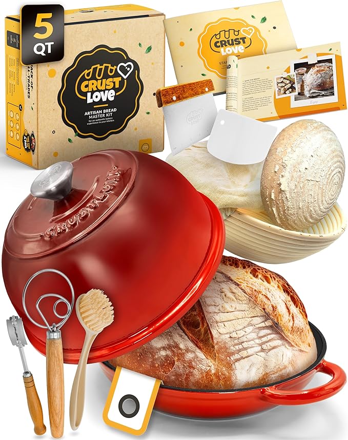 5 QT Cast Iron Bread Pan with Dome Lid for Artisan Bread Baking | Dome Lid Traps Steam for Crisp Crust, Bread Proofing Basket, Scoring Tool, Dough Whisk, Bread Sling & Instructions Included