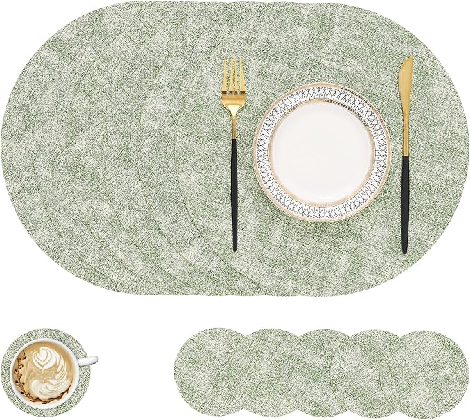 Round Faux Leather Placemat and Coaster 6 Packs, Washable Heat Resistant Dining Place Mats, Wipeable Double-Sided Table Mats for Indoor and Outdoor, Diameter 13 and 3.93 inch, Light Green