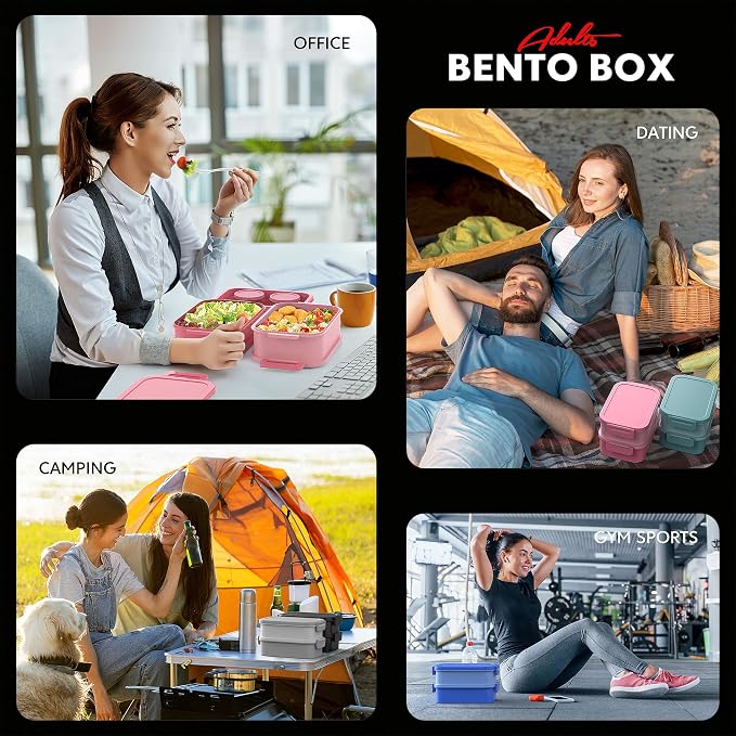 Adult Bento Box Lunch Box - Large Style Stackable Bento Lunch Box for Adults, 72oz All-in-One 3 Layers Bento Boxes Leak-Proof Lunchbox with Utensil Sauce Containers for Dining Out,Work, Black