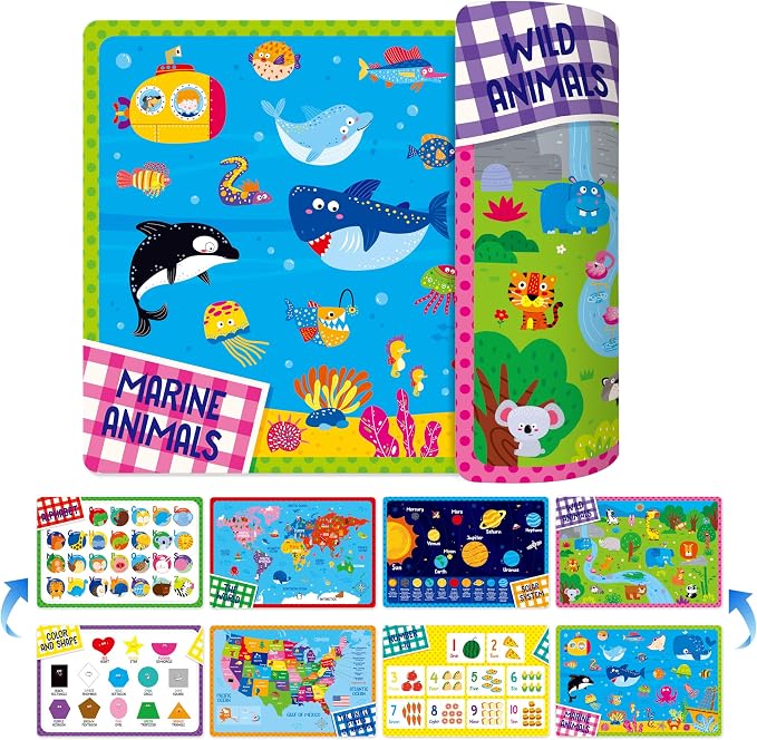 4 Pack Placemats for Kids, Non-Slip Washable Table Mats, Double-Sided Reusable Universe, Alphabet, Numbers, Map of USA & World Educational Placemats for Home, Kindergarten, Classroom, Nursery