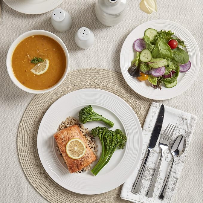 Tabletops Gallery Embossed Bone White Porcelain Round Dinnerware Collection- Chip Resistant Scratch Resistant, Contempo 12 Piece Dinnerware Set (Dinner Plate, Salad Plate, Cereal Bowl)