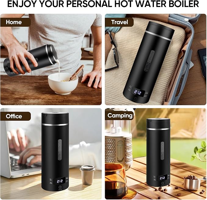Travel Electric Tea Kettle Portable, 450ML, 316 Stainless Steel, 4 Temp | Small Hot Water Boiling Coffee Warmer Heater, Fast Boiler, Auto Shut-Off, Boil Dry Protection, LCD Display (Black)