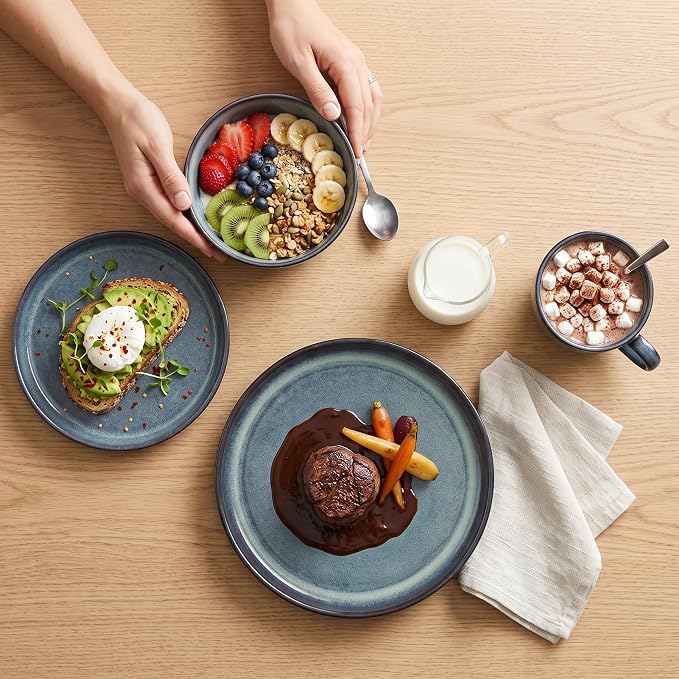 Ceramic Dinnerware (16 pcs) Serve 4 people, Plates and Bowls Sets,Handmade Reactive Glaze Dishes Set,Chip Resistant and Scratch Resistant,Dishwasher, Microwave Safe