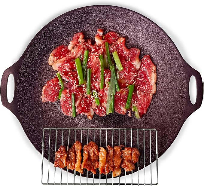 TECHEF - 14-inch Nonstick Round Griddle Grill Pan for Korean BBQ/Teppanyaki Pan, Tawa, Roti Pan/Induction Ready/Made in Korea (Griddle with Rack)