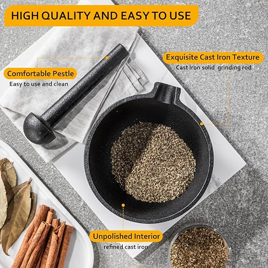 Velaze Cast Iron Mortar and Pestle Set,3 Cup Capacity | 6.5 Inch Pestle,27 oz Molcajete,Pour Spout Design,Spice Grinder,Smasher for Pesto,Herbs,Seasonings,Homemade Recipes,Pills