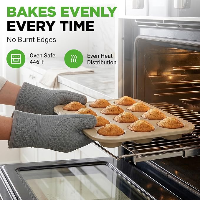 NutriChef Muffin Pans for Baking 2-Pack | Nonstick 12 Mold Cupcake Tins | Carbon Steel Stackable Cup Cake Trays | Dishwasher & Oven Safe | Includes 100 Parchment Paper Liners | 13 x 10 x 1 | Gold