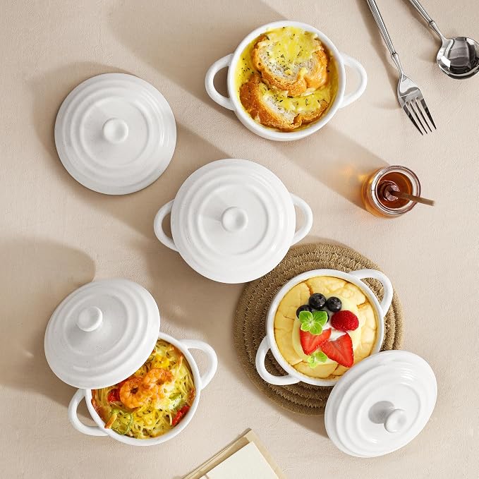 MALACASA 12 OZ Mini Dutch Oven Set, Small Cocotte Set of 4, Ceramic | Ramekins with Handles, Single Serving, Small Casserole Dishes for Oven, Soufflé, French Onion Soup, Oven Safe, Khaki White