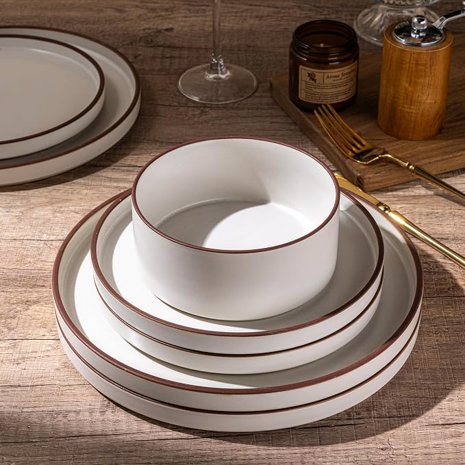 LERATIO Stoneware Dinnerware Sets for 8,24-Piece Matte Plates and Bowls Set | Handmade High Edge Rim Dish Set,Oven & Microwave,Dishwasher Safe,Scratch Resistant-Vanilla White