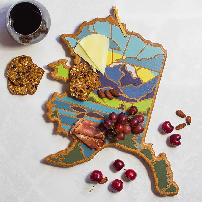 Totally Bamboo Alaska State Shaped Cutting Board, Summer Stokes Art | State charcuterie board with colorful hand-drawn landscape art. Smooth reverse side for food prep. Hang tie for wall display.