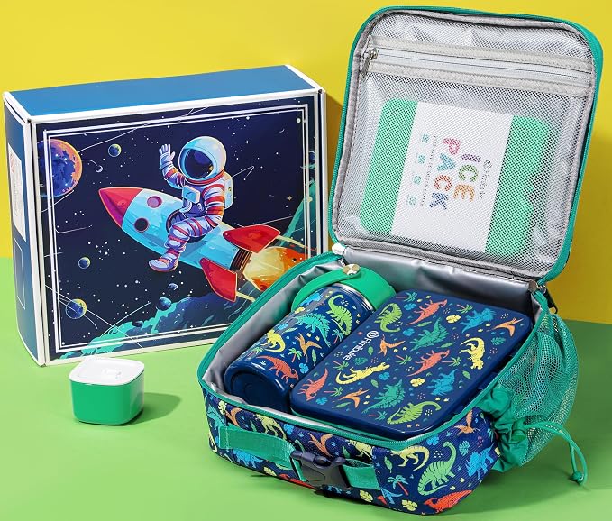 Fimibuke Bento Lunch Box for Kids - Toddler Boys Snack Bento Box Container | with 3 Compartments, 14oz Stainless Steel Water Bottle, Insulated Lunch Bag, Ice Pack Set for Ages 3-12 Daycare, Dinosaur
