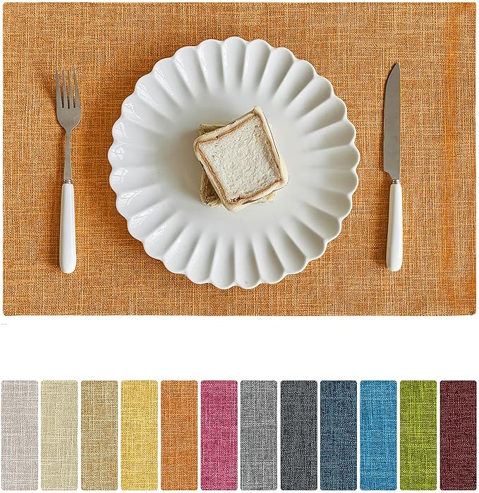 Softalker Faux Linen Placemats Set of 8-12 x 18 Inch, Heat Resistant Double Layered Durable Burlap Farmhouse Place Mats, Non-Slip Washable Rustic Table Mats for Dining, Kitchen, Party（Orange