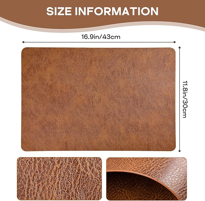 Faux Leather Placemats Set of 6 Heat Resistant Table Mats 17×12 Inch | Waterproof & Wipeable Place Mats Set of 6 Dual Sided Table Placemats for Kitchen Dining Indoor & Outdoor 43×30CM ReddishBrown