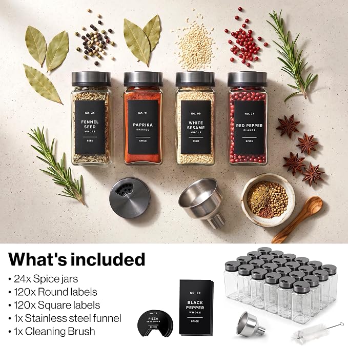 Glass Spice Jars with Label, Space Gray Sprinkle Lids (24 x 4oz) | Airtight Lids keep spices fresh, Kitchen Spice Drawer Organizer, 4oz Seasoning Containers incl. Funnel, Brush & 240 Labels