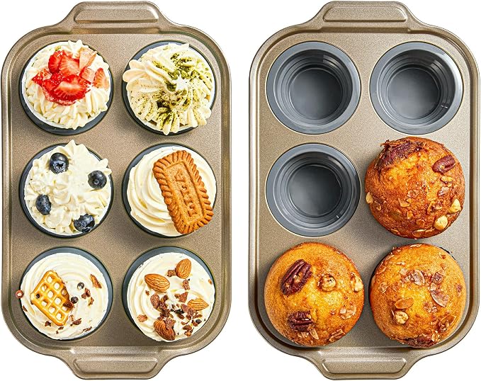 2-Pack Foldable Nonstick Silicone Baking Pans, 6 Cups for Baking Muffins, Egg Bite, Brownies. Easy to pop and clean. Dishwasher Safe BPA Free.