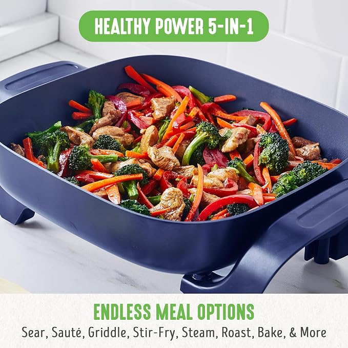 GreenLife 12" 5QT Electric Skillet, Blue | PFAS-Free Ceramic Nonstick Coated Interior, Glass Vented Lid, Temperature Control, Dishwasher Safe, Pancakes, Eggs, Bacon