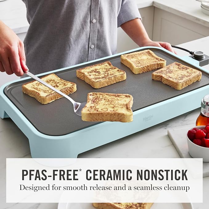 Martha Stewart 12"x 22" XL Electric Griddle, Ceramic Nonstick Flat Top | PFAS-Free Nonstick Grill, XL Cooking Surface for Pancakes & Eggs, Adjustable Temp Dial, Drip Tray, 1500W Heating, Sky Blue