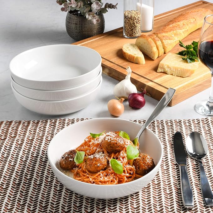 Gibson Home Zen Buffet 4-Piece 41oz Salad Bowls Porcelain Ceramic Chip and Scratch Resistant Pasta Bowl, Serving Bowls, Soup Bowls Set, Large Capacity, Dishwasher & Microwave Safe White