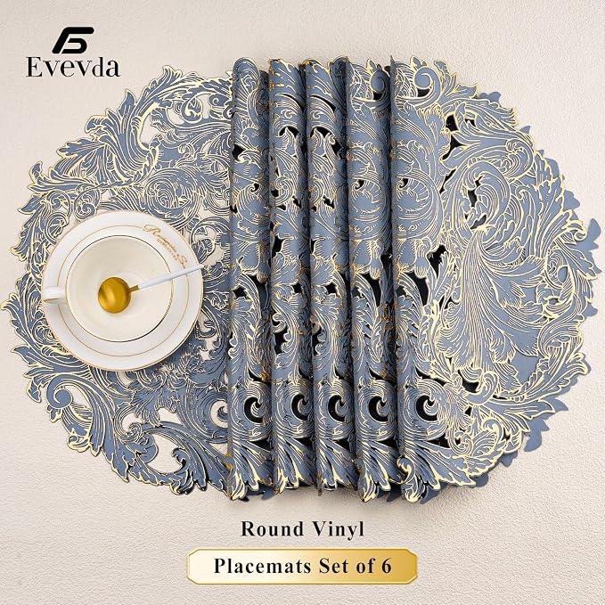 Evevda 15 inch Gold and Blue Placemats Set of 6 Round Reusable Place Mat | Vinyl Plastic Kitchen Table Mats for Home Wedding Party Dining Table Decoration