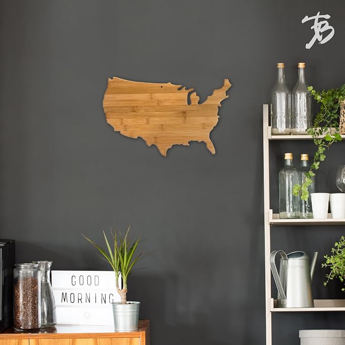 Totally Bamboo United States of America Shaped Bamboo Serving and Cutting Board | USA-shaped charcuterie board with natural bamboo grain. Knife-friendly surface for food prep. Hang tie for wall display.