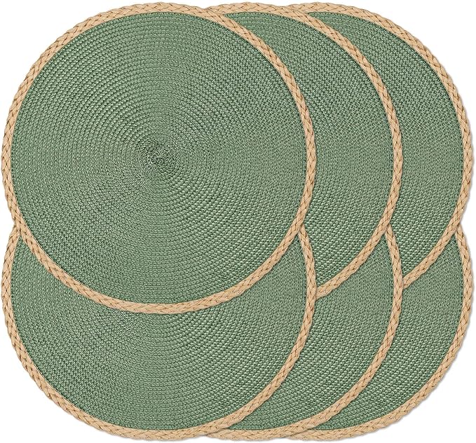 Round Placemats Set of 6, Woven Table Mats, Thin Edge, Green | Braided Paper Edge, 15 Inch Diameter, Fits Dinner Plate and Flatware, Wipeable, Heat Resistant, Indoor Dining, Outdoor Patio