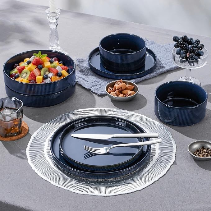 LIANYU Dinnerware Sets with Pasta Bowls, 8 Piece Ribbed Plates and Bowls for 2, Modern Ceramic Stoneware Dishes for Kitchen Dining, Microwave and Dishwasher Safe, Twilight Blue