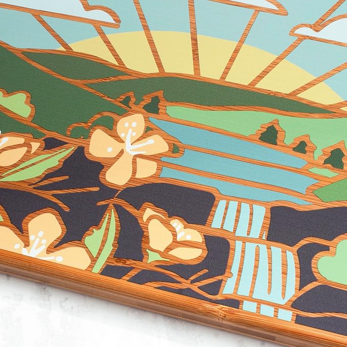 Totally Bamboo Pennsylvania State Shaped Cutting Board, Summer Stokes Art | State charcuterie board with colorful hand-drawn landscape art. Smooth reverse side for food prep. Hang tie for wall display.