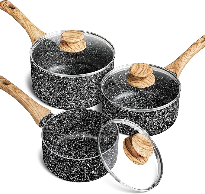 MICHELANGELO Saucepan Set, 3-Piece Nonstick Sauce Pans with Lids, 1QT, 2QT, 3QT, Black Granite Stone