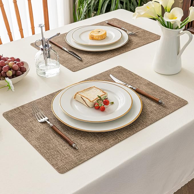 Romanstile Vinyl Placemats Set of 6-12 X 17 Inch - Faux Leather 100% Waterproof Wipeable Anti Slip Place Mats, Heat Resistant Reversible PU Table Mats for Kitchen Dining Party Outdoor, Coffee