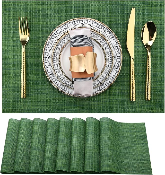 SLKQG Green Placemats Set of 8 - Wipe Clean Vinyl Placemats - Washable Heat Resistant PVC Placemats for Dining Table - 17x12 Inch (Green, 8)