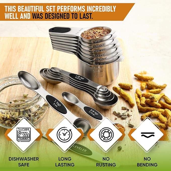 Spring Chef Magnetic Measuring Cups & Spoons Set of 16, Patented, Black | Stackable Stainless Steel Measuring Cups & Heavy Duty Metal Measuring Spoons with Levelers for Dry & Liquid Ingredients