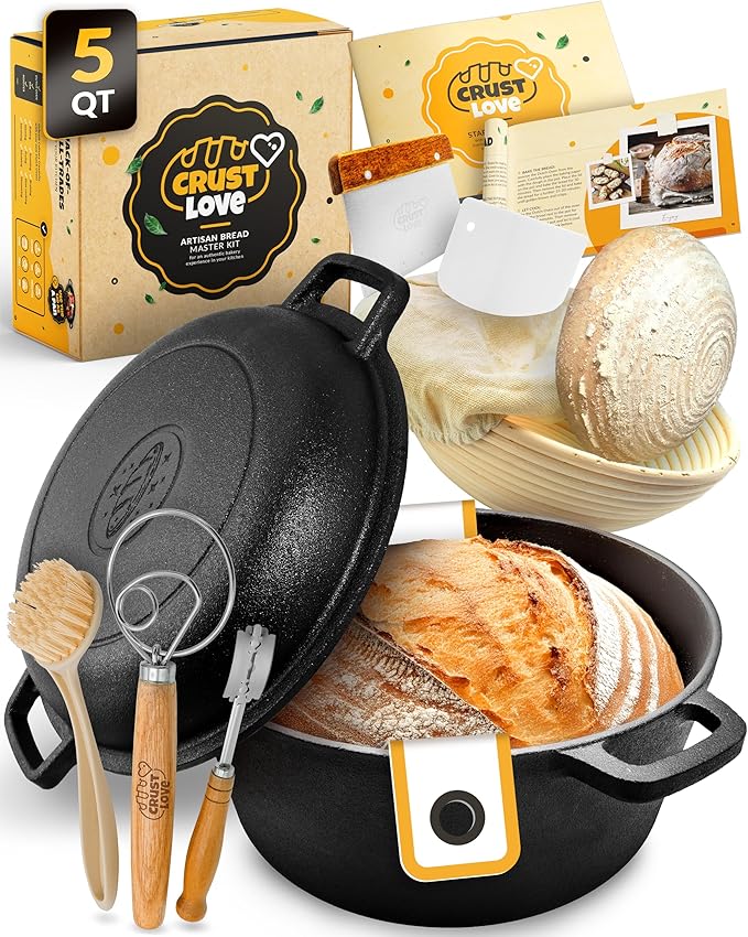 5 QT Pre-Seasoned Dutch Oven for Bread Baking with Lid and Kit | Dutch Oven for Sourdough Bread Baking and Supplies incl. Banneton, Bread Sling, Lame, Dough Whisk & Guide, Cast Iron Pot Set