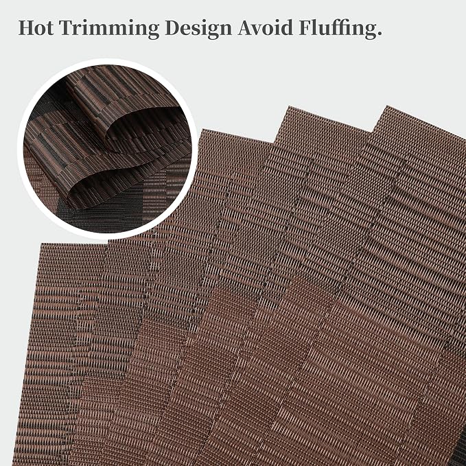 Leetaltree Brown with Black Striped Placemats Set of 6 - Heat Resistant Non-Slip Place mats for Dining Table, Washable Durable PVC Vinyl Woven Table Mats（Brown Stripe, 6）