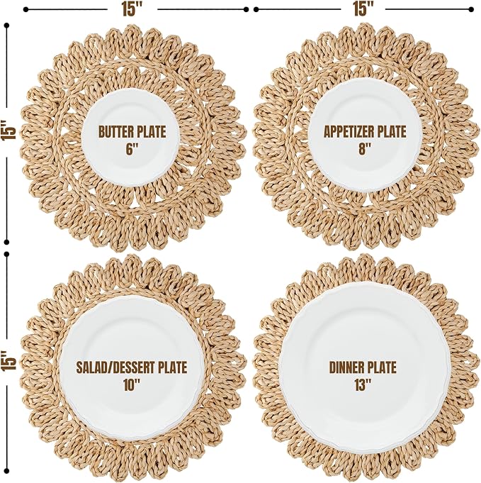 15" Corn Husk Woven Round Placemats Set of 4 - Wicker Boho Farmhouse Placemats - Rattan Table Mats Like Water Hyacinth for Dining Table, Wedding, Home, Christmas, Party