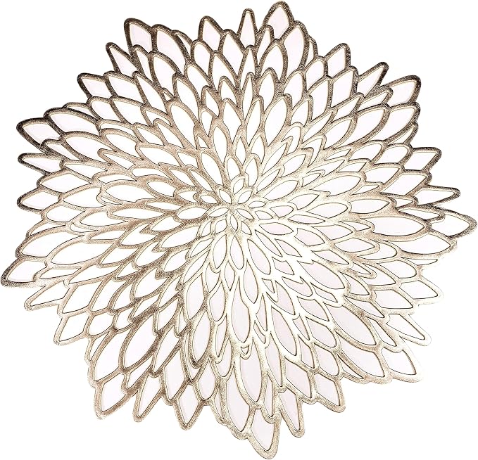 Snowkingdom 6 Pack Gold Placemats Metallic Pressed Vinyl Round Leaf Plastic Dinning Table Place Mats Fancy Decorative for Wedding Christmas Thanksgiving Holiday Spring Outdoor