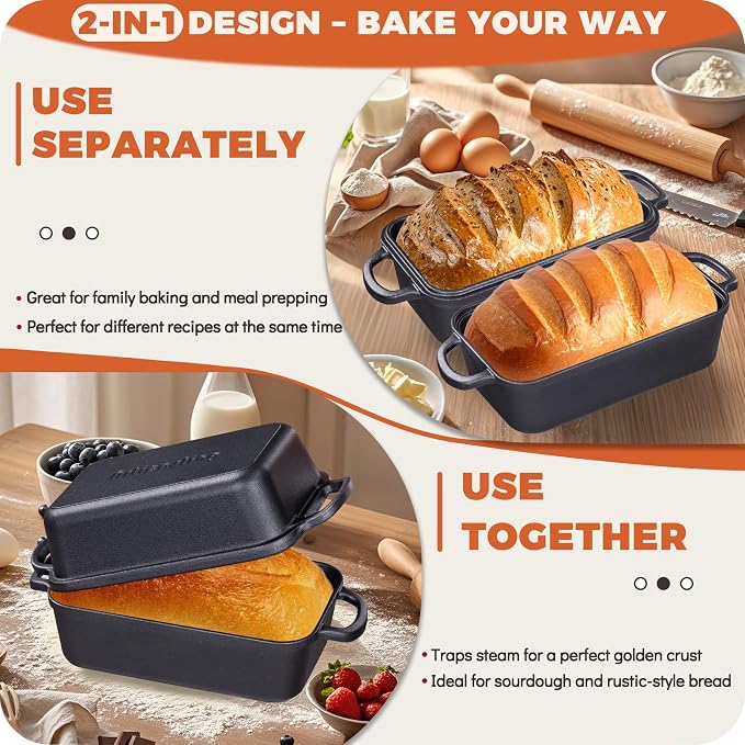 Pre-Seasoned Cast Iron Loaf Pan with Lid, 9x5 Sourdough Pan | Heavy-Duty Cast Iron Loaf Pan with Lid for Sourdough Bread, 9x5 Inch Baking Pan, 2-In-1 Design, Even Heat Distribution, Black