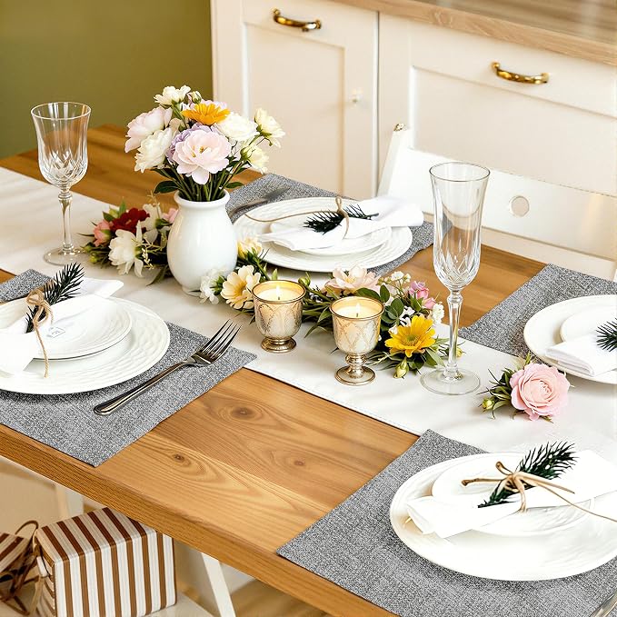 Faux Leather Heat Resistant Placemats 8 Packs, Waterproof Wipeable Dining PU Place Mats for Indoor & Outdoor, Easy to Clean, Light Grey