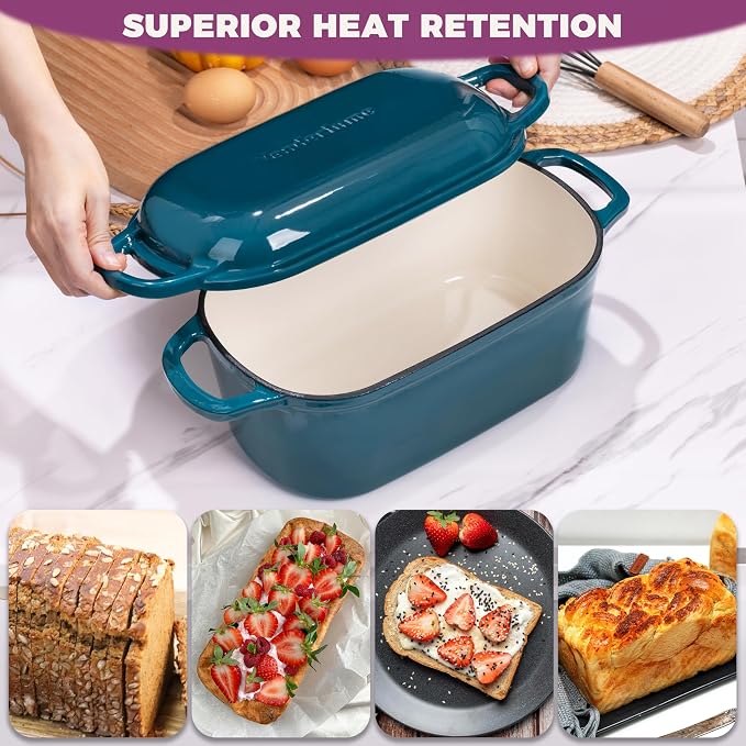 4.6-Quart Oval Dutch Oven for Bread Baking | 2 in 1 Enameled Cast Iron Bread Pan with Lid, Sourdough Baking Pan for a Crispy Crust, Teal